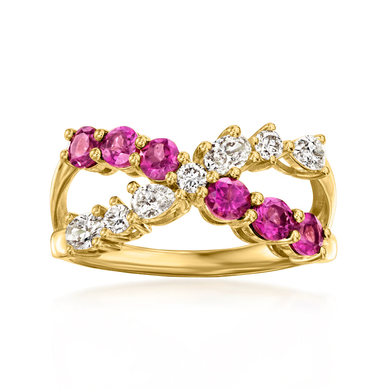 Rhodolite garnet and lab-grown diamond crisscross ring in gold with purple and clear stones