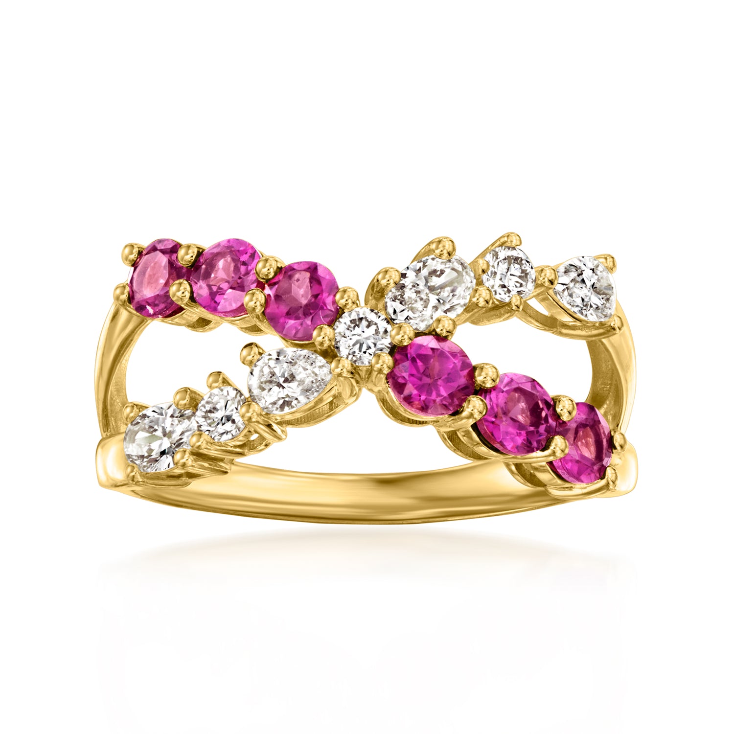 .80 ct. t.w. Rhodolite Garnet and .51 ct. t.w. Lab Grown Diamond Crisscross Ring in 18kt Gold Over Sterling