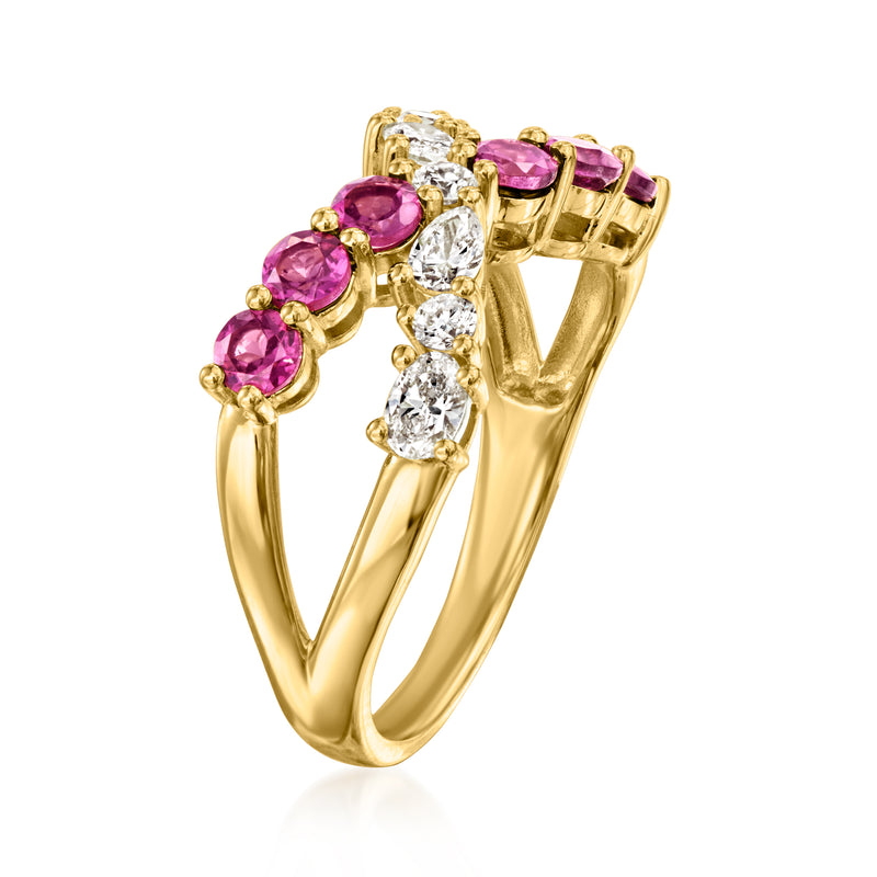 Gold crisscross ring with purple rhodolite stones and clear diamond accents in a lattice design