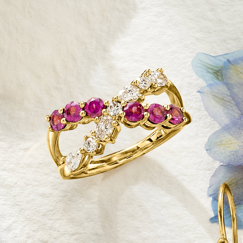 Gold crisscross gemstone ring with purple rhodolite stones and round lab-grown diamond accents