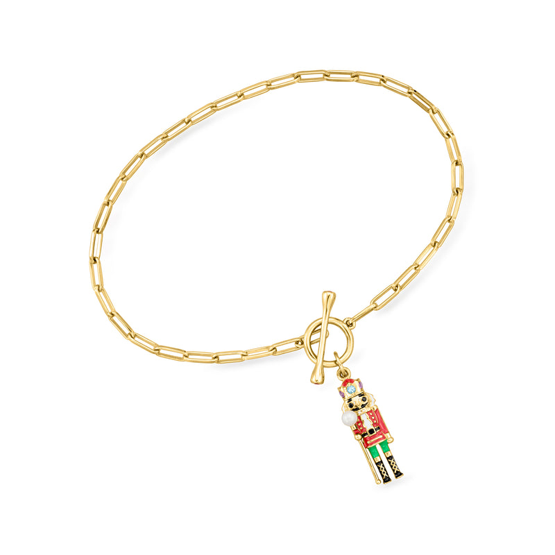 2.5-3mm Cultured Pearl and .13 ct. t.w. Multi-Gemstone Nutcracker Charm Paper Clip Link Bracelet in 18kt Gold Over Sterling