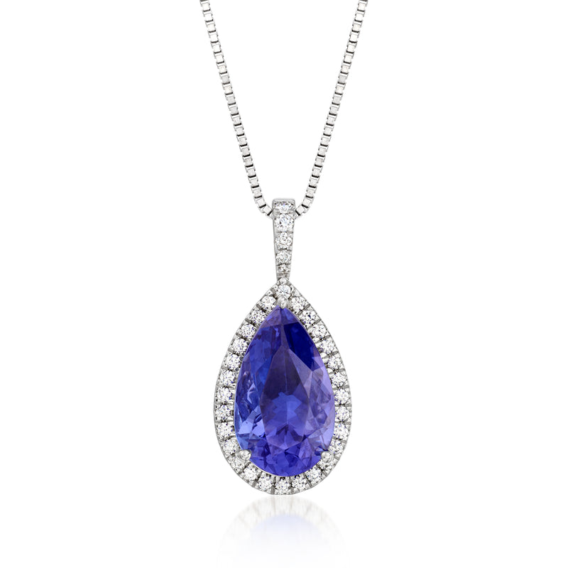 Tanzanite teardrop pendant necklace in white gold with diamond halo and chain