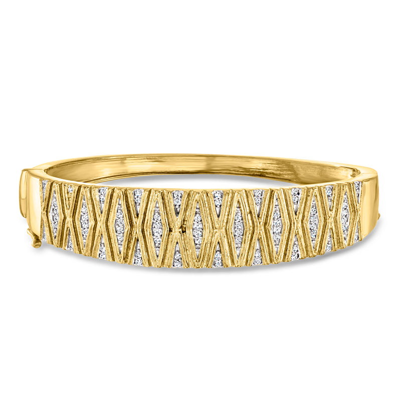 Gold bangle bracelet with X-pattern diamond-like stones across the band