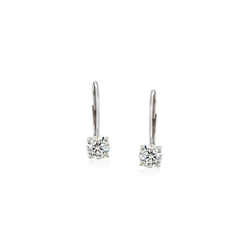 14kt white gold diamond drop leverback earrings with round center stone