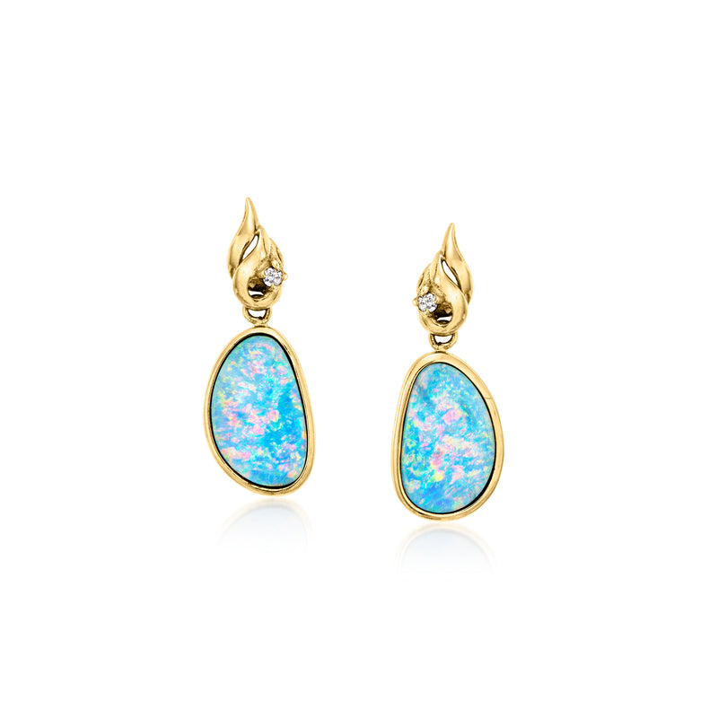 14kt yellow gold opal drop earrings with small diamonds, teardrop bezel