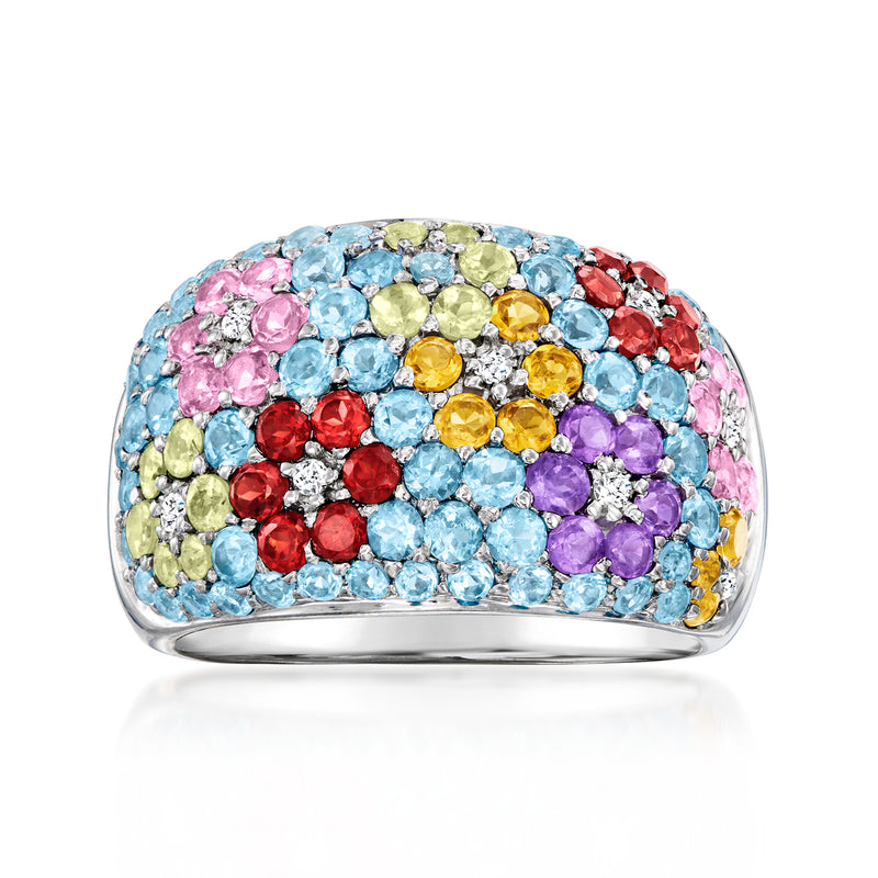 White gold multi-gemstone flower ring with diamond accents, multicolor oval stones