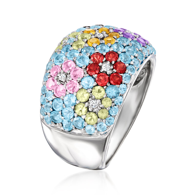 White gold multi-gemstone flower ring, cushion top with multicolor gemstones and diamonds