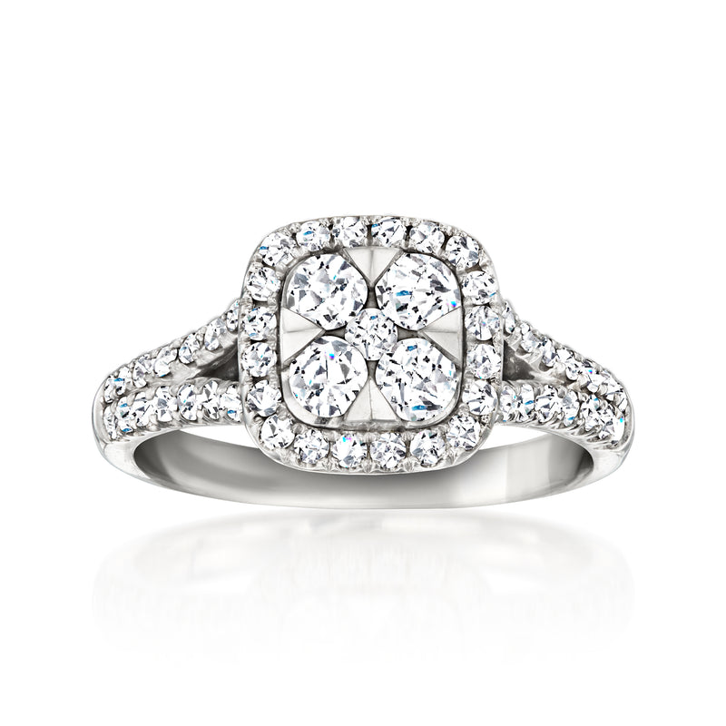 Vintage diamond halo ring in 14kt white gold with square center stone and side diamonds