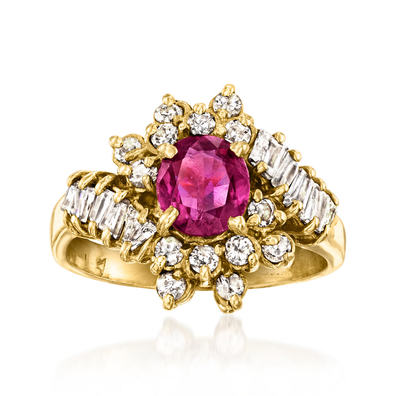 Vintage ruby and diamond cocktail ring in 14kt yellow gold, oval center stone