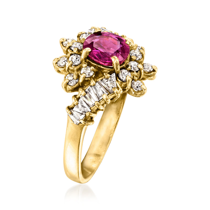 Vintage ruby and diamond ring with marquise side stones, 14kt yellow gold setting