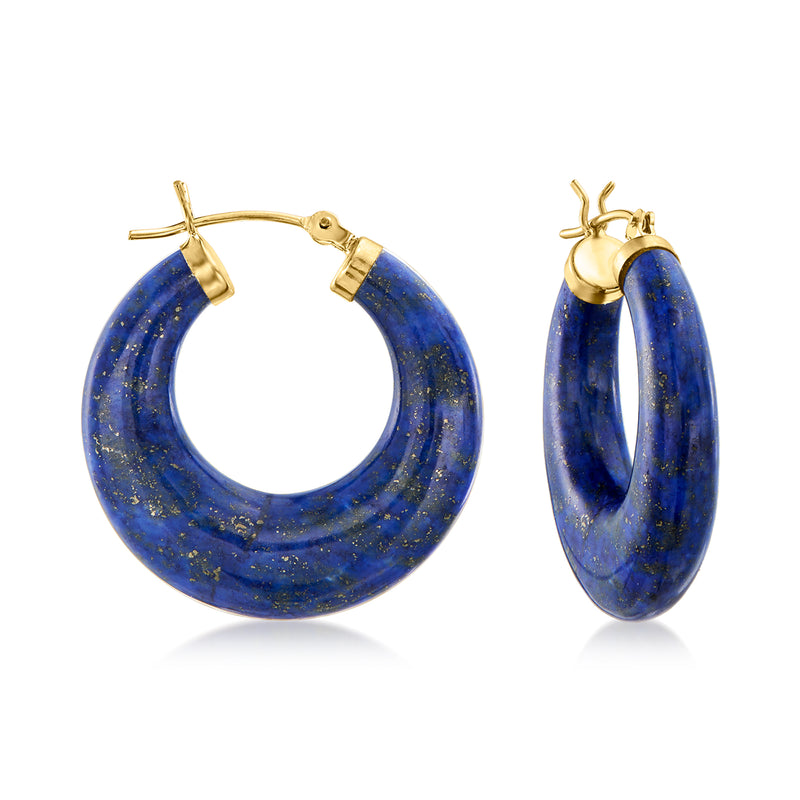 Blue lapis hoop earrings with 14kt yellow gold hinged clasp