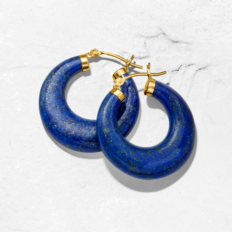 Pair of blue lapis hoop earrings with 14kt yellow gold ear clasp