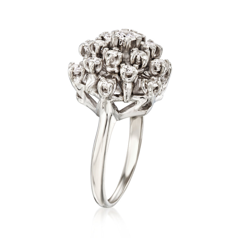 Front view of 14kt white gold diamond cluster ring with raised prongs