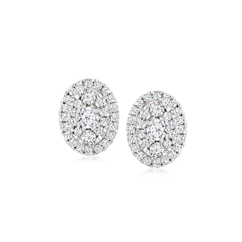 Sterling silver oval diamond cluster stud earrings, sparkly round stones on oval settings
