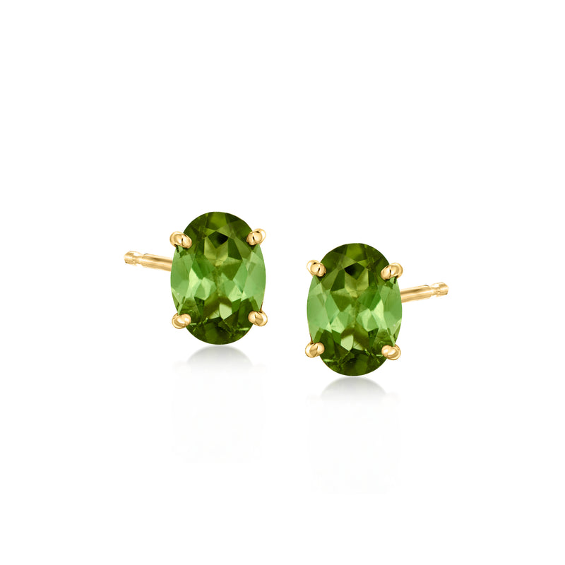 Oval green tourmaline stud earrings in 14kt yellow gold, oval bezel settings