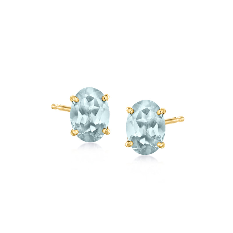 14kt yellow gold oval aquamarine stud earrings with 4-prong settings