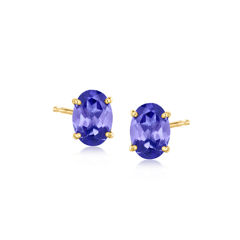 14kt yellow gold oval tanzanite stud earrings, blue oval stones in prong settings.