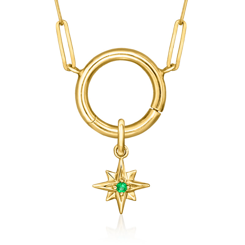 14kt yellow gold circular link charm with dangling green star center
