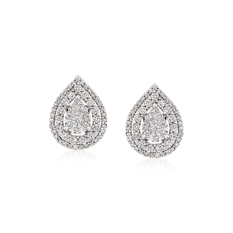 Teardrop diamond cluster stud earrings in white gold, pear-shaped halo, post backs.
