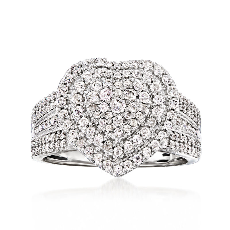 Diamond heart ring in white gold with pavé-set band