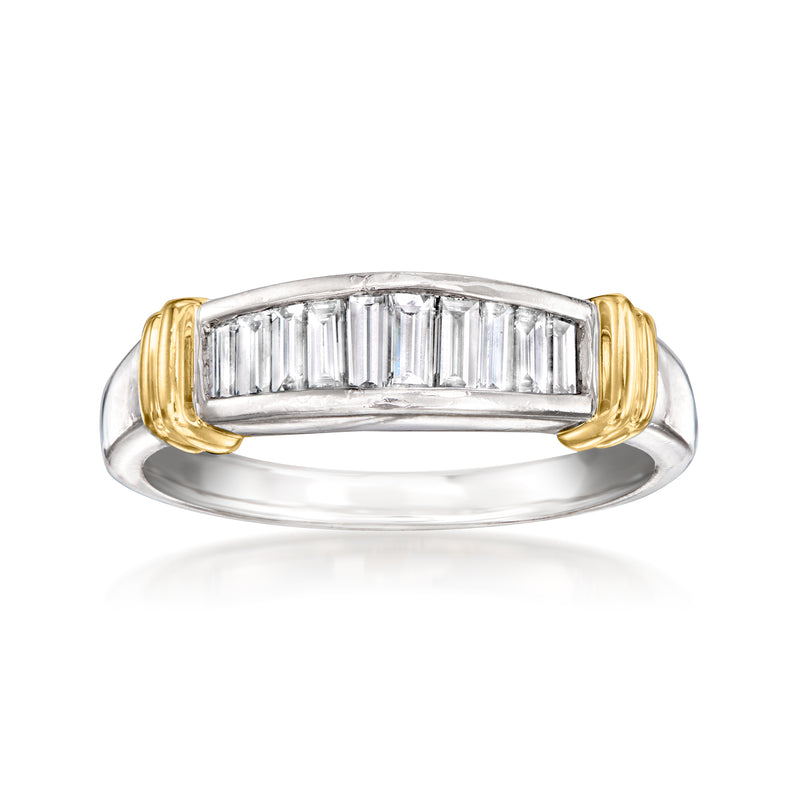 Two-tone gold baguette diamond ring with rectangular stone row and yellow side rails