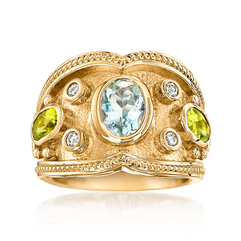 Vintage aquamarine, peridot and diamond ring in 14kt yellow gold