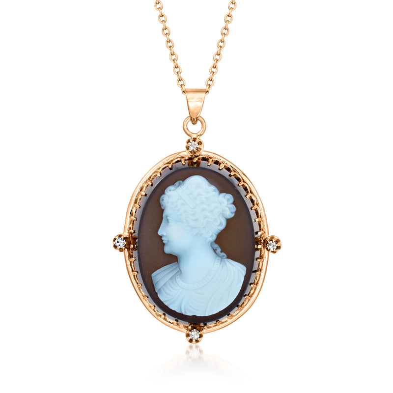 14kt yellow gold oval agate cameo pendant necklace with diamond accents, blue profile
