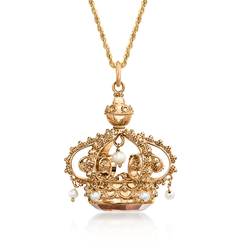 18kt yellow gold crown pendant necklace with citrine stone and cultured pearl drop accents