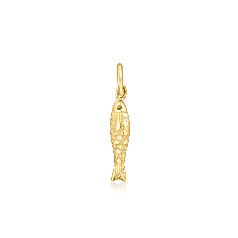 14kt yellow gold sardine charm with loop bail, textured fish detail