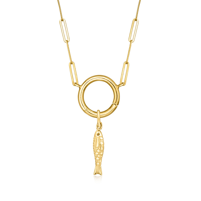 Sardine charm pendant in 14kt yellow gold on link chain, round ring and fish figure