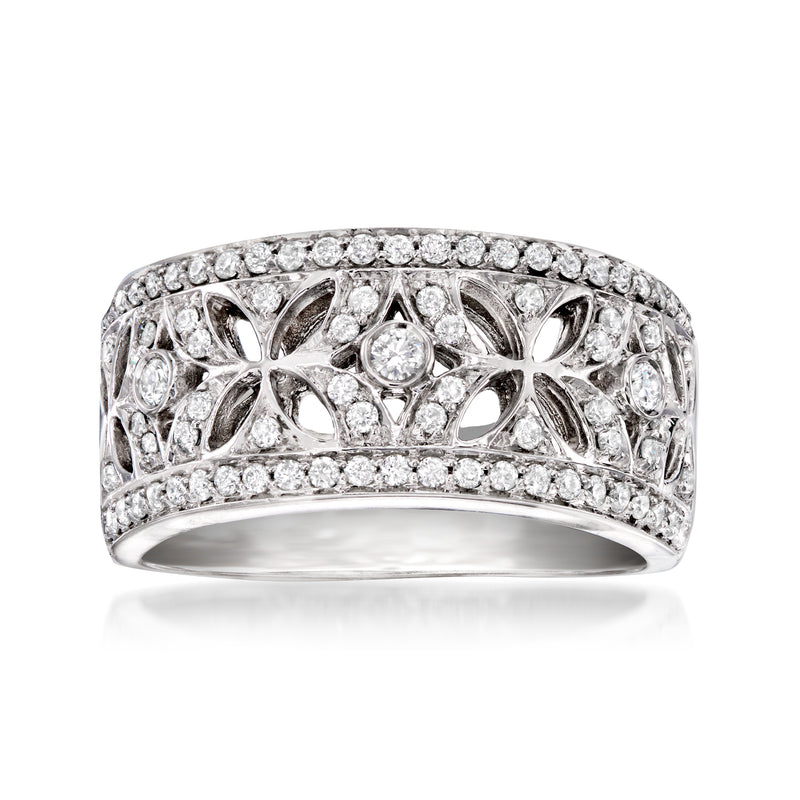 Vintage white gold diamond floral openwork band ring, sparkling round stones