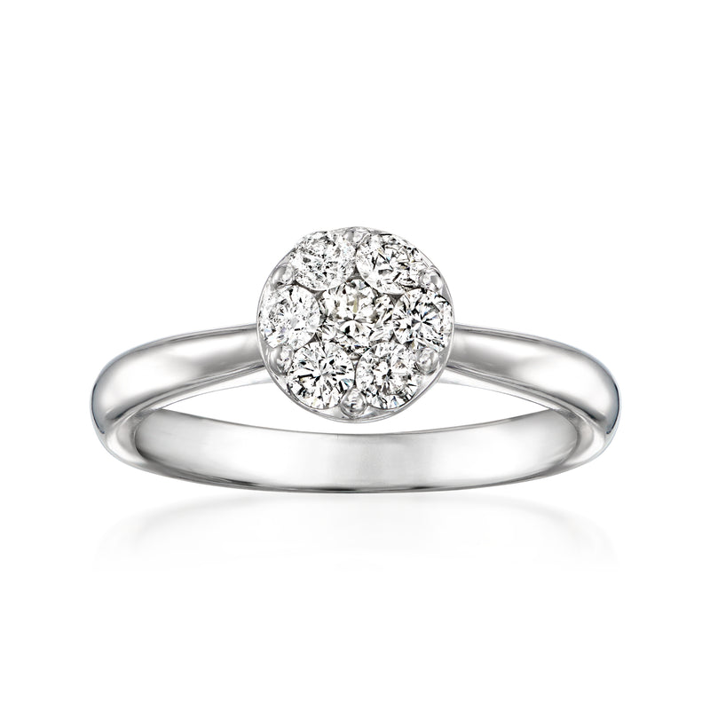 14kt white gold diamond cluster ring with round center stones, size 5