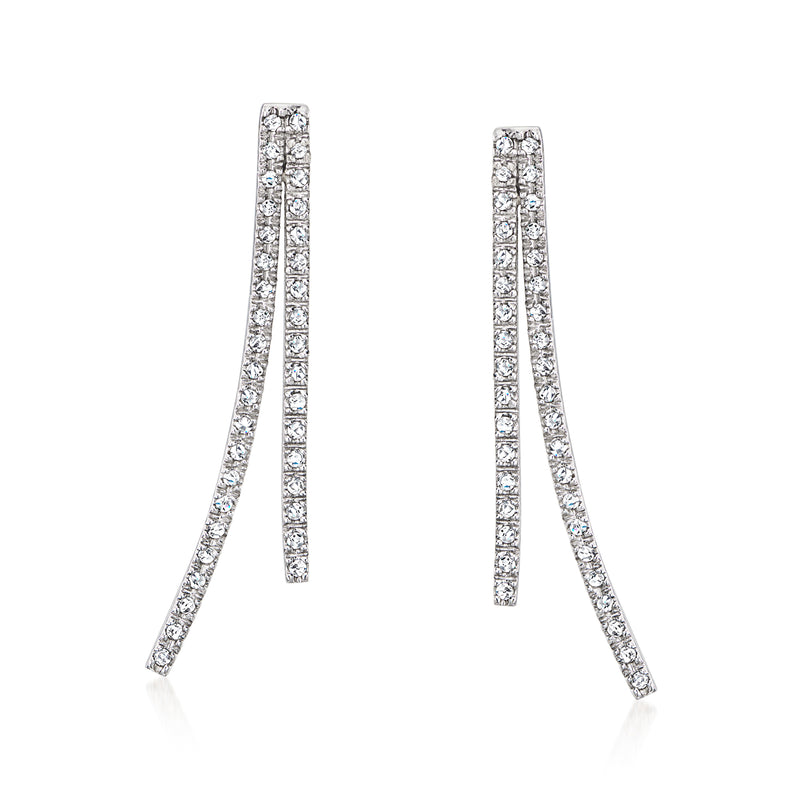 Diamond linear drop earrings in white gold, vertical bar with curved dangling line
