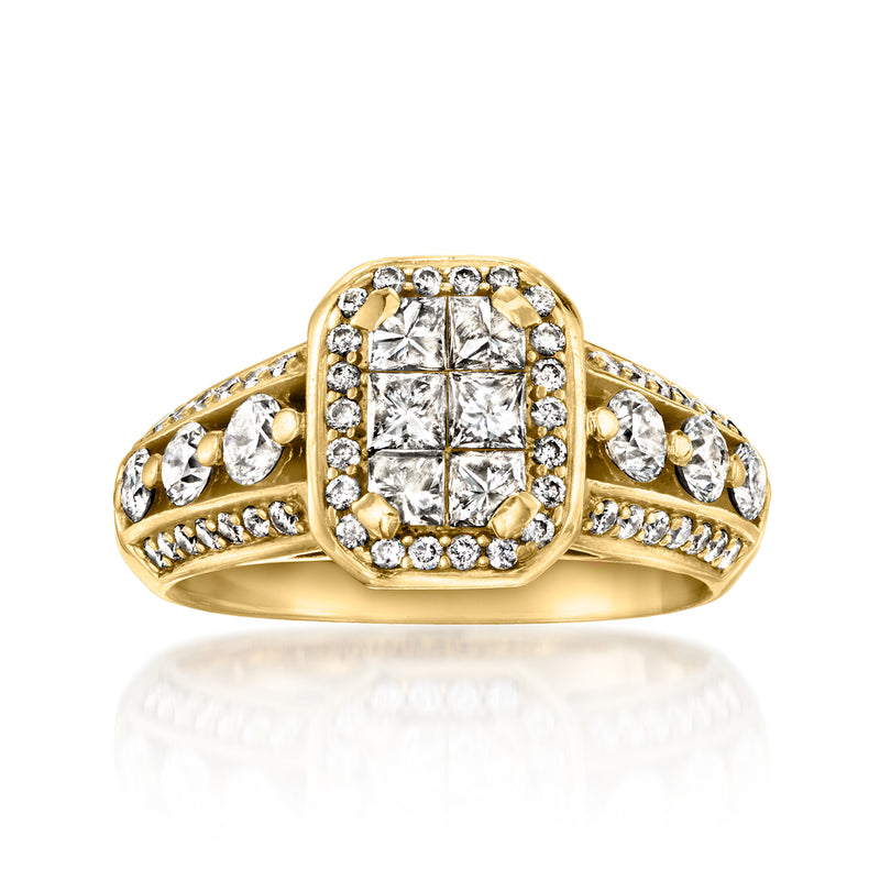 Vintage yellow gold diamond cluster ring with square center and round side stones