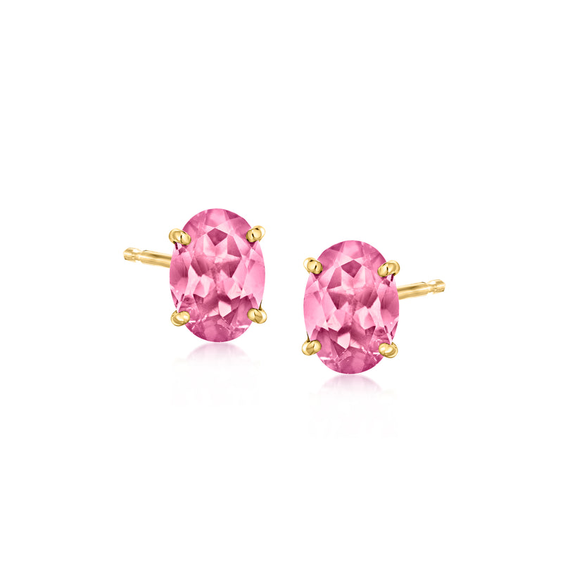 Oval pink tourmaline stud earrings in 14kt yellow gold with prong-set oval stones