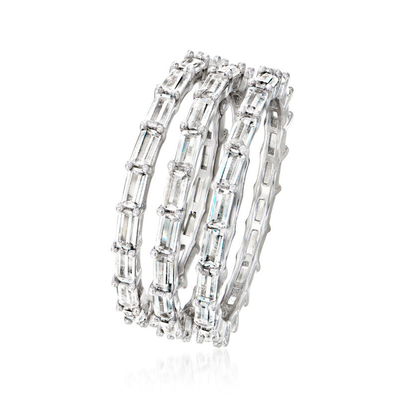 Stacked sterling-silver CZ rings with rectangular baguette stones, side profile