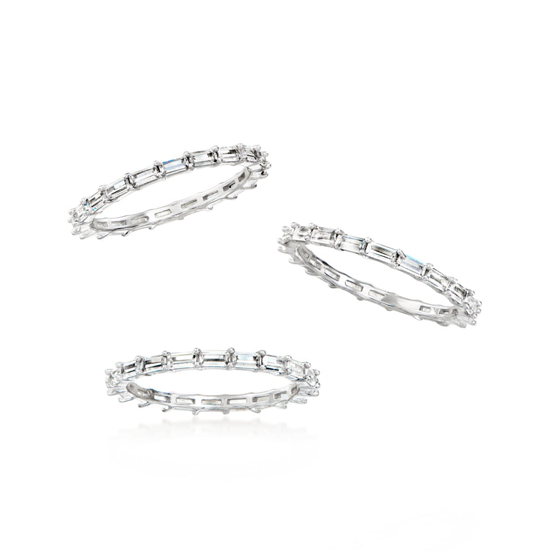 Three-piece sterling-silver CZ ring set with baguette-style stones, multiple views
