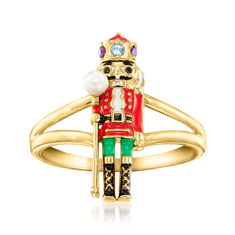 2.5-3mm Cultured Pearl and Multi-Gemstone Nutcracker Ring with Enamel in 18kt Gold Over Sterling
