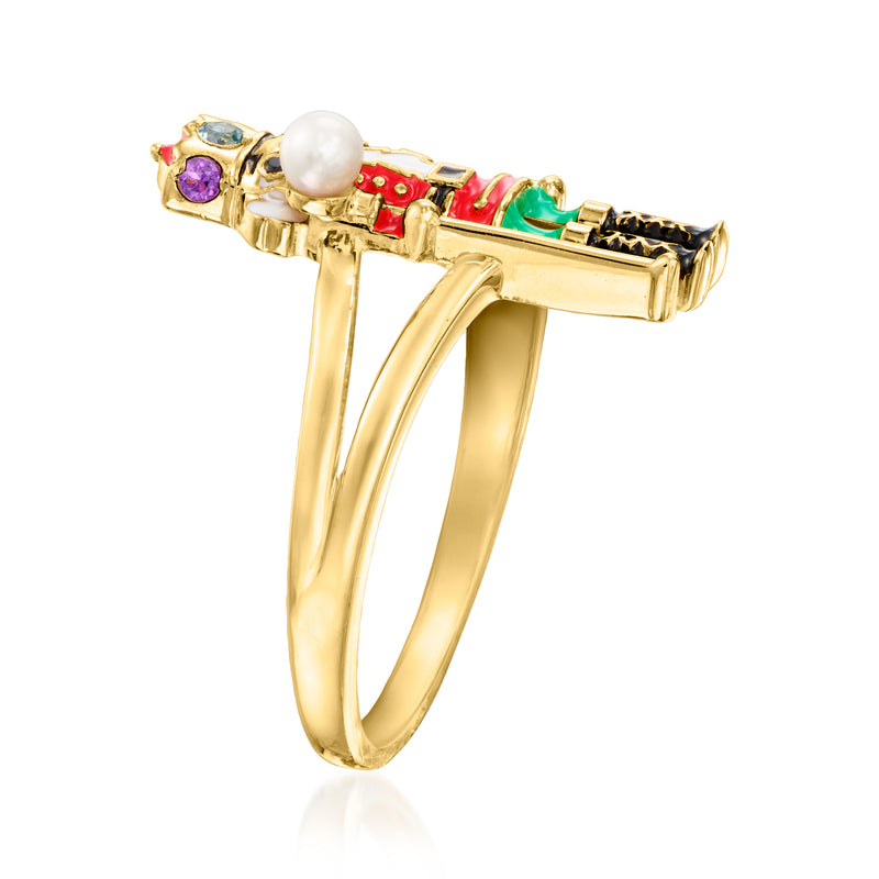 2.5-3mm Cultured Pearl and Multi-Gemstone Nutcracker Ring with Enamel in 18kt Gold Over Sterling