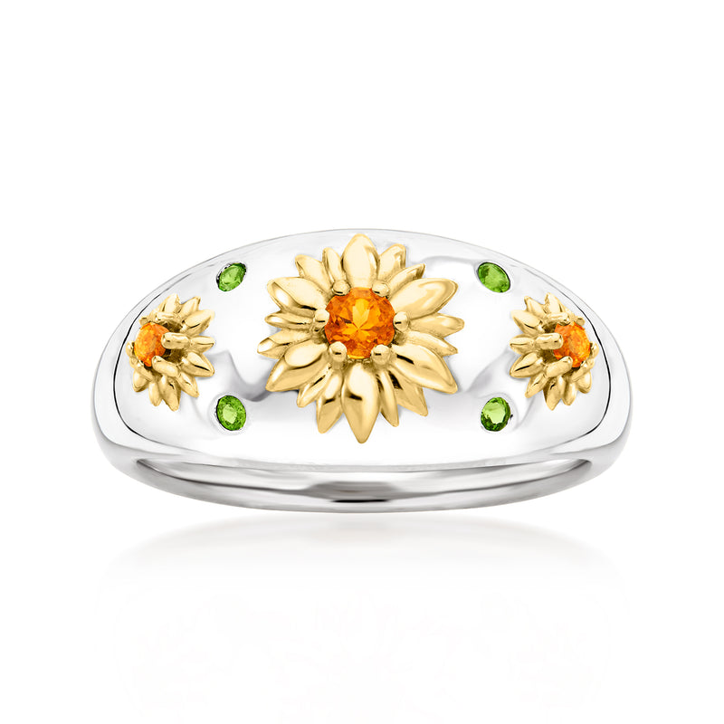 Sterling silver flower ring with gold accents, citrine and green diopside stones