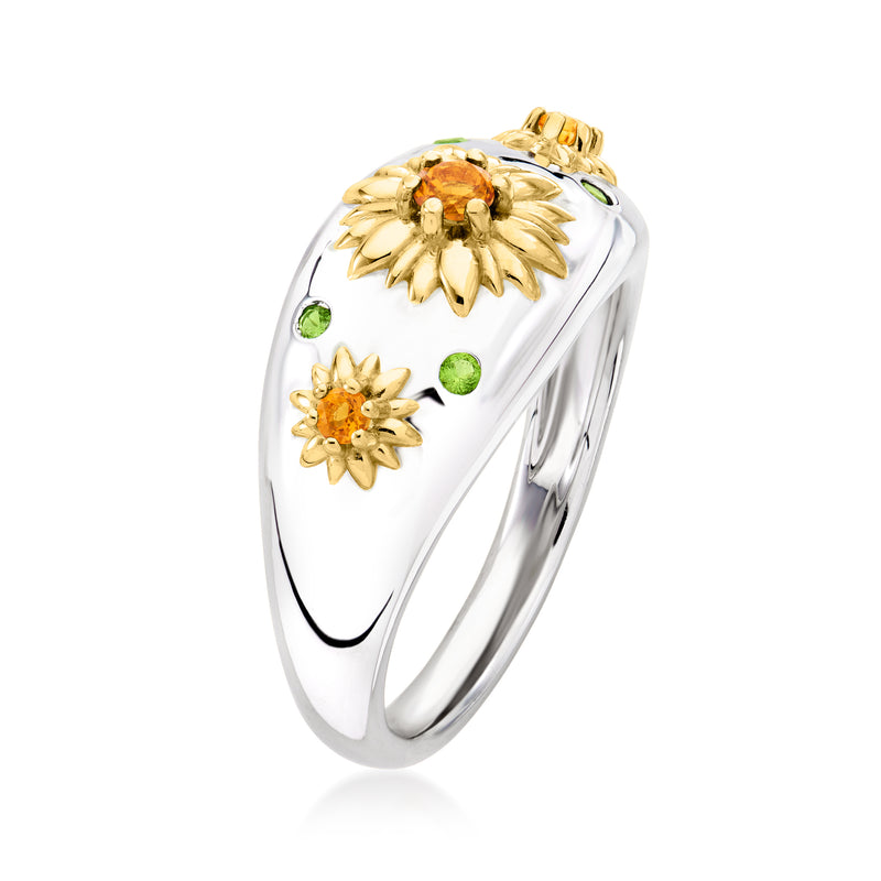 Sterling silver ring with gold flower clusters, citrine centers and green diopside insets