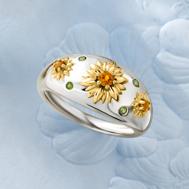 Sterling silver flower ring with gold daisy motif, citrine center stones and green diopside