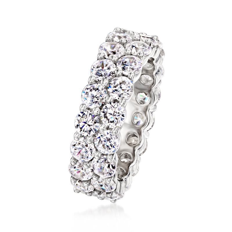 Two-row CZ eternity band in sterling silver, side view with round stones
