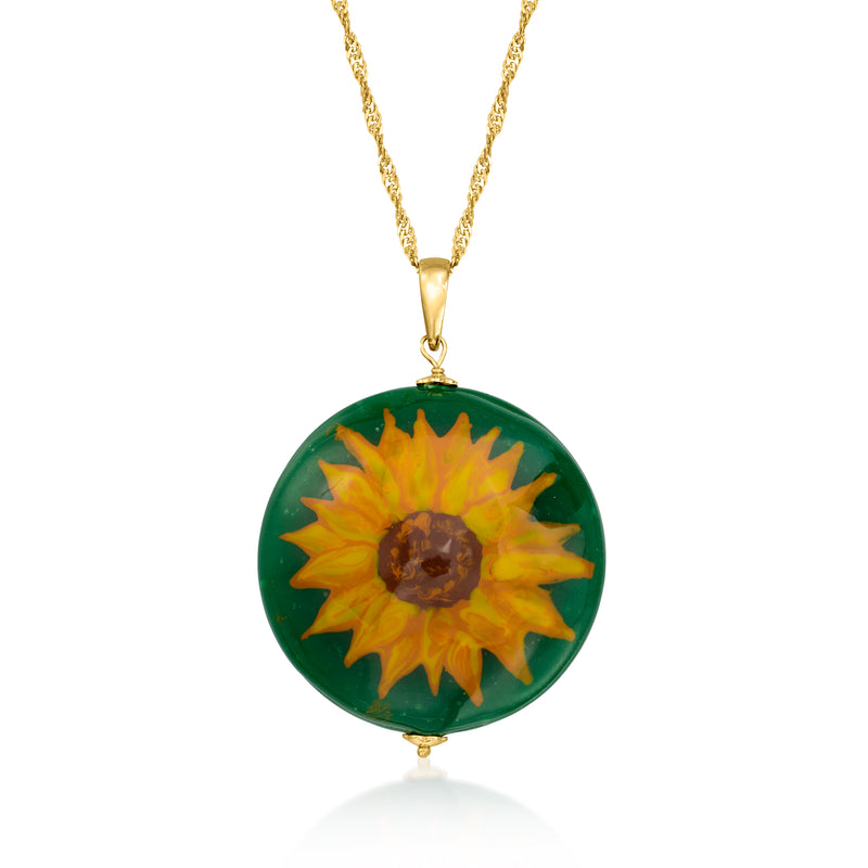 Sunflower Murano glass pendant necklace with gold chain and round green floral charm