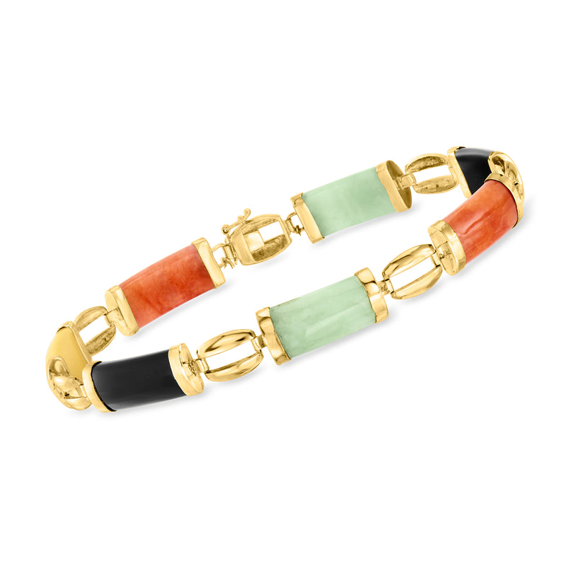 Vintage jade bracelet in 14kt yellow gold with green, orange and black sections