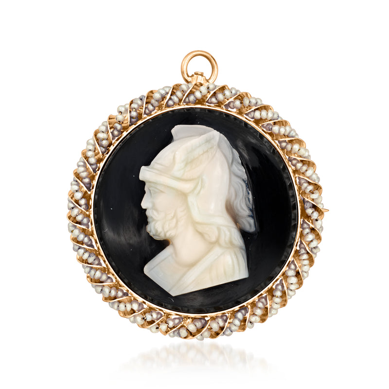 Vintage black agate warrior cameo pin in 10kt yellow gold with seed-pearl border