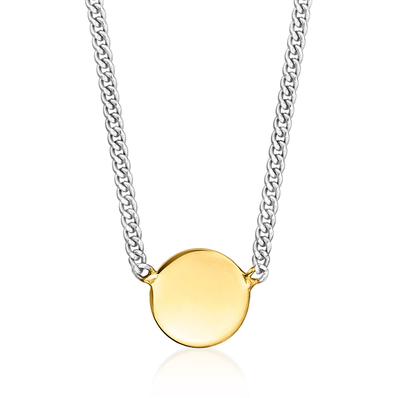 Yellow gold circle pendant necklace with silver curb-link chain