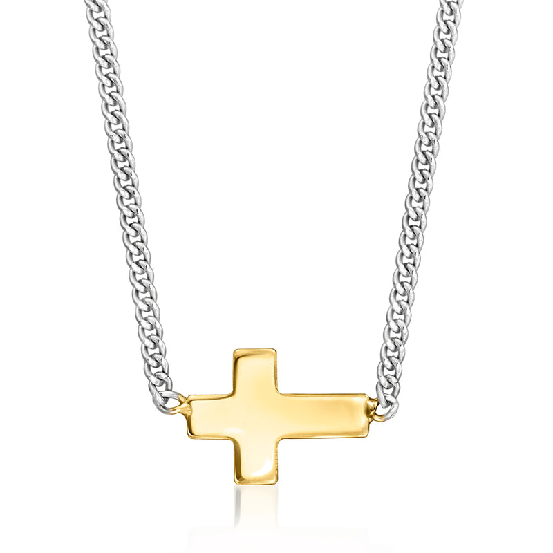 Gold sideways cross pendant necklace with silver curb-link chain, polished finish