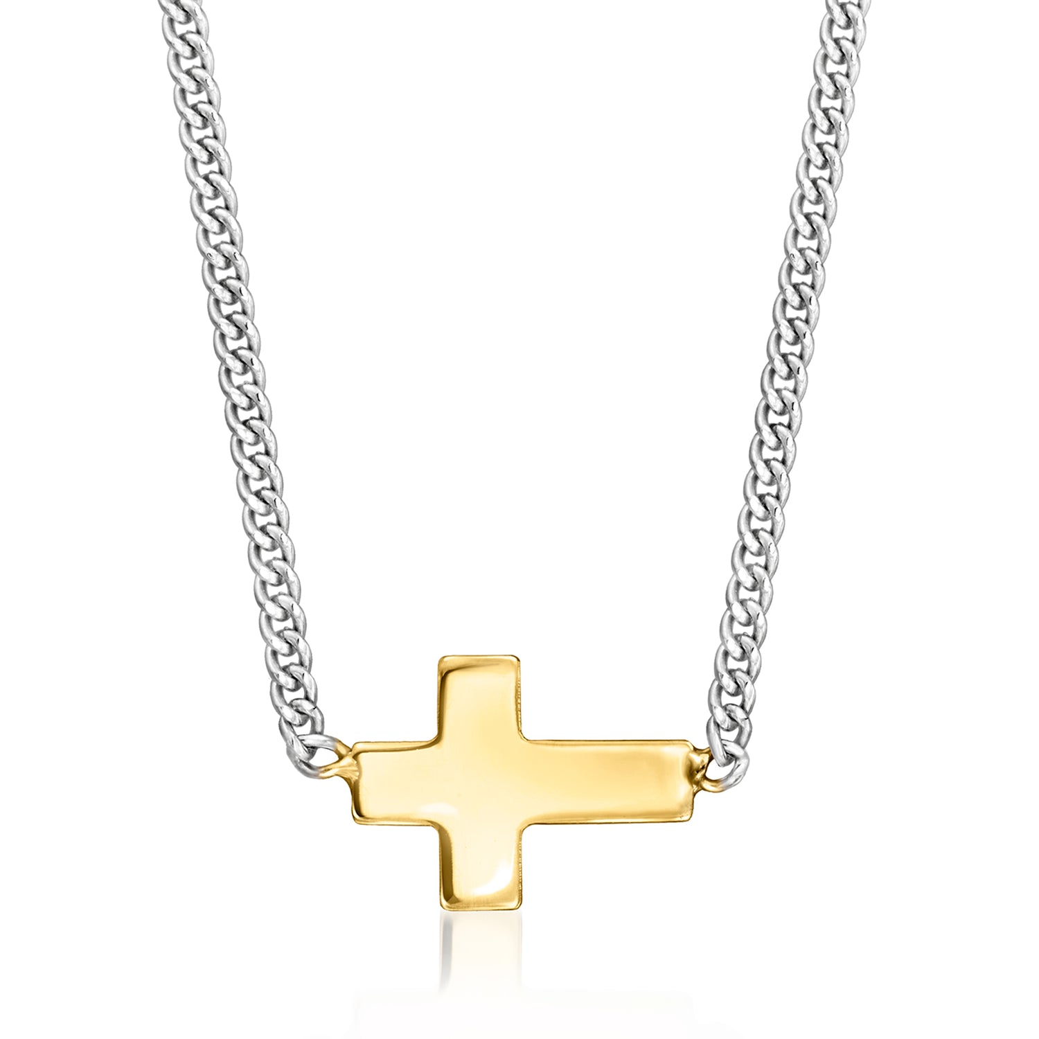 Italian 14kt Yellow Gold Sideways Cross and Sterling Silver Curb-Link Necklace