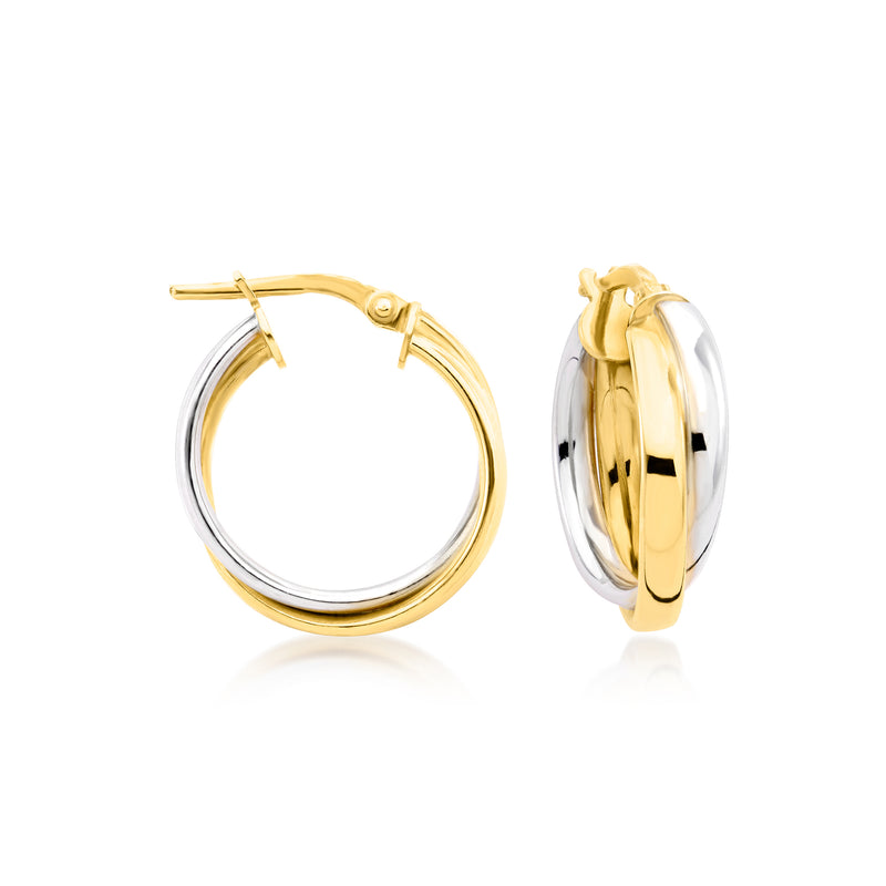 Two-tone double-row hoop earrings with gold and silver rings, hinged clasp detail